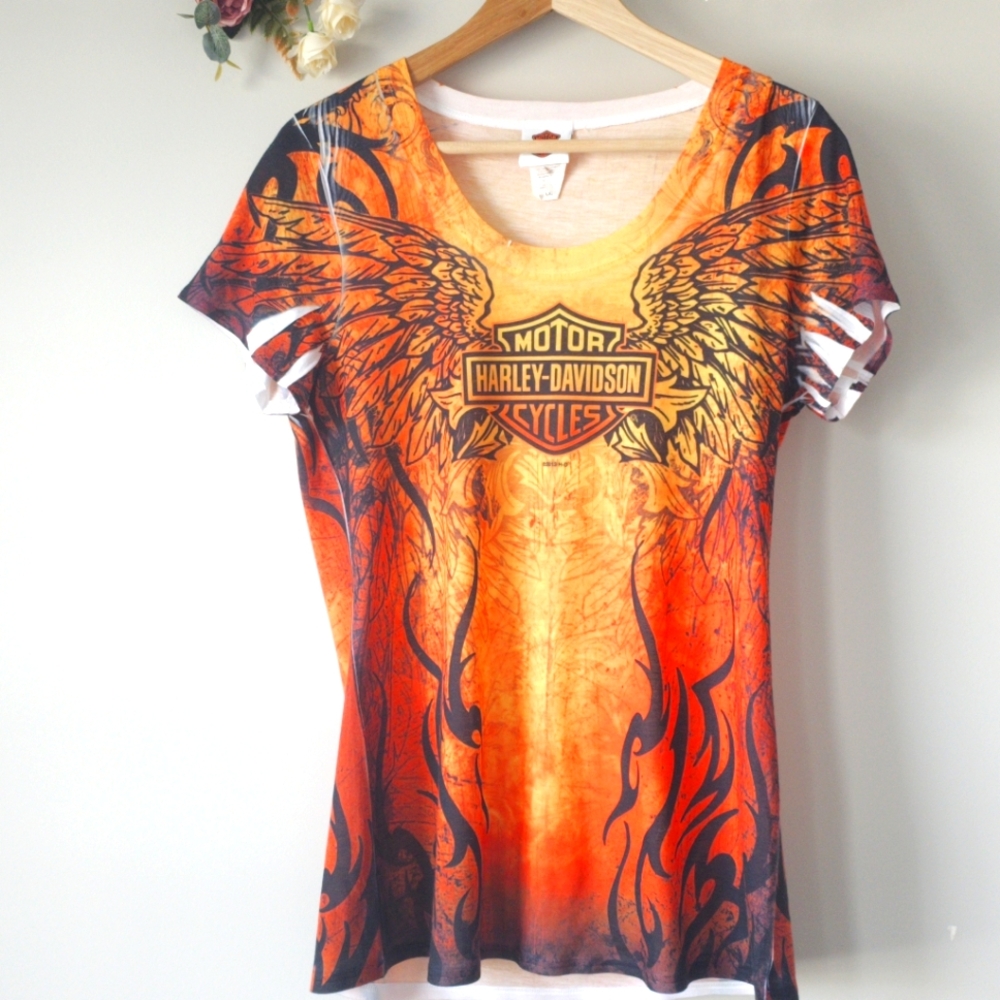 Harley Davidson Orange and Black Graphic Tee Size L